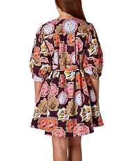 CROSBY by Mollie Burch Lennie V-Neck 3/4 Sleeve Stamp Print Shirt Dress