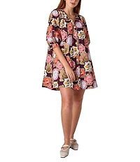 CROSBY by Mollie Burch Lennie V-Neck 3/4 Sleeve Stamp Print Shirt Dress