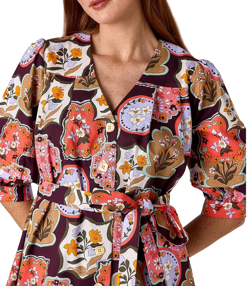 CROSBY by Mollie Burch Lennie V-Neck 3/4 Sleeve Stamp Print Shirt Dress