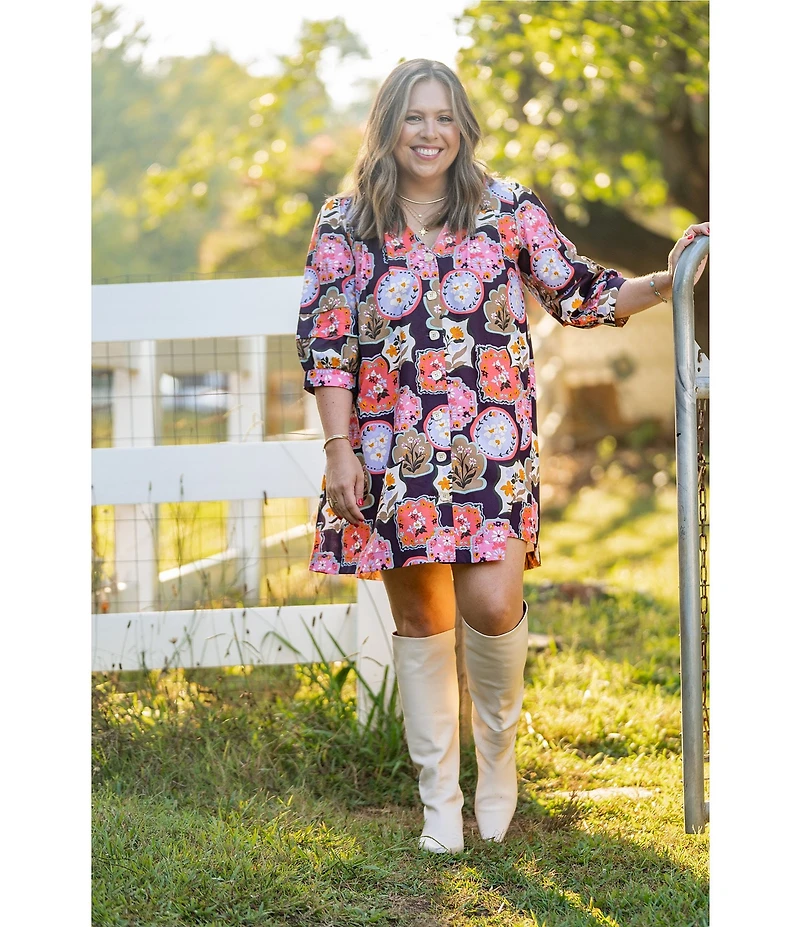CROSBY by Mollie Burch Lennie V-Neck 3/4 Sleeve Stamp Print Shirt Dress