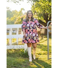 CROSBY by Mollie Burch Lennie V-Neck 3/4 Sleeve Stamp Print Shirt Dress