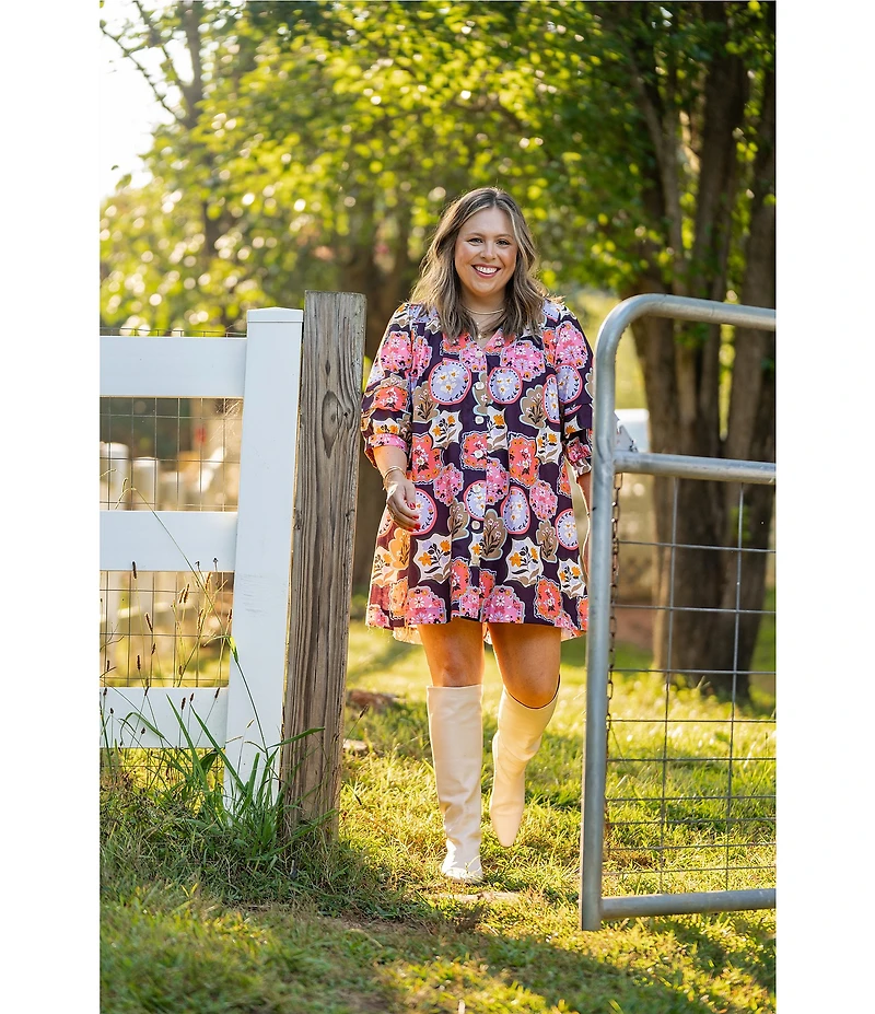 CROSBY by Mollie Burch Lennie V-Neck 3/4 Sleeve Stamp Print Shirt Dress