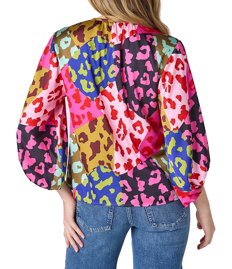 CROSBY by Mollie Burch Livie Crepe Leopard Print Split V-Neckline 3/4 Sleeve Top