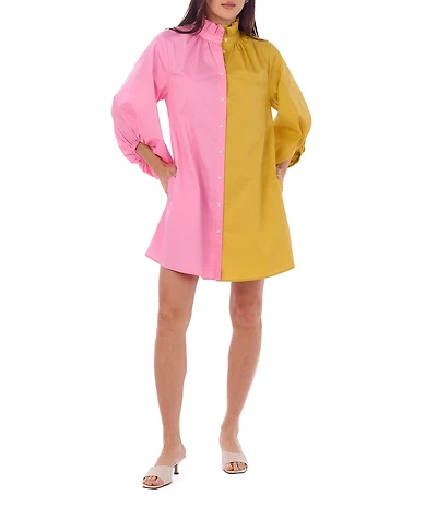 CROSBY by Mollie Burch Olive Colorblock High Ruffle Collar Long Sleeve Button Front Shirt Dress