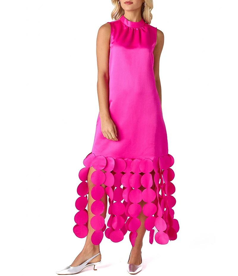 CROSBY By Mollie Burch Ponce Party Laser-cut Fringe Satin Twill Mock Neck Sleeveless Dress