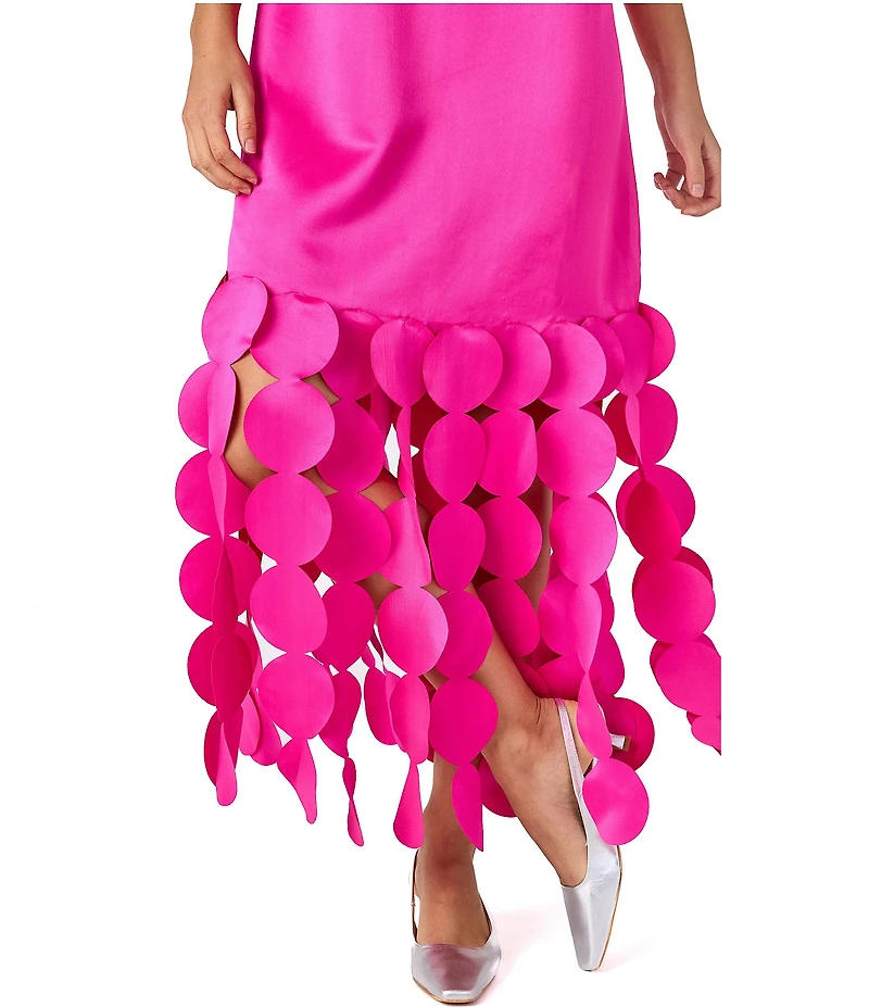 CROSBY By Mollie Burch Ponce Party Laser-cut Fringe Satin Twill Mock Neck Sleeveless Dress