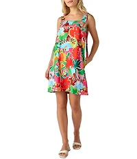 CROSBY by Mollie Burch Warren Tropical Floral Printed Square Neck Sleeveless Shift Dress