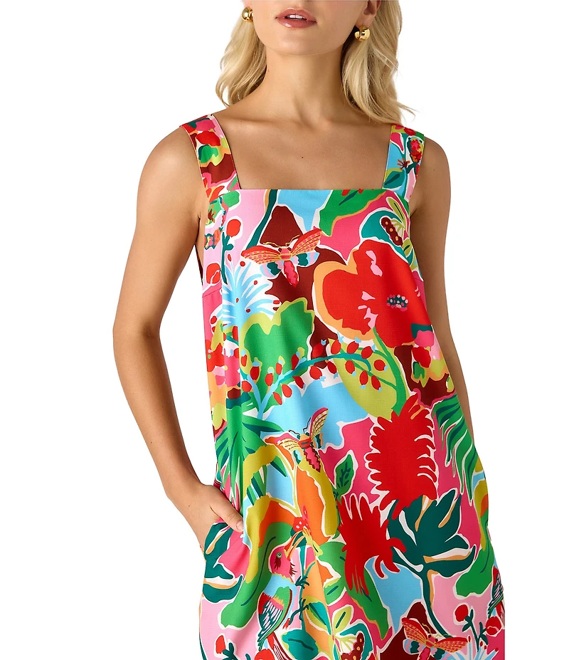 CROSBY by Mollie Burch Warren Tropical Floral Printed Square Neck Sleeveless Shift Dress
