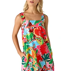 CROSBY by Mollie Burch Warren Tropical Floral Printed Square Neck Sleeveless Shift Dress