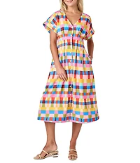CROSBY by Mollie Burch Lennox V-Neck Button Front Short Sleeve Pleated Midi A-Line Dress