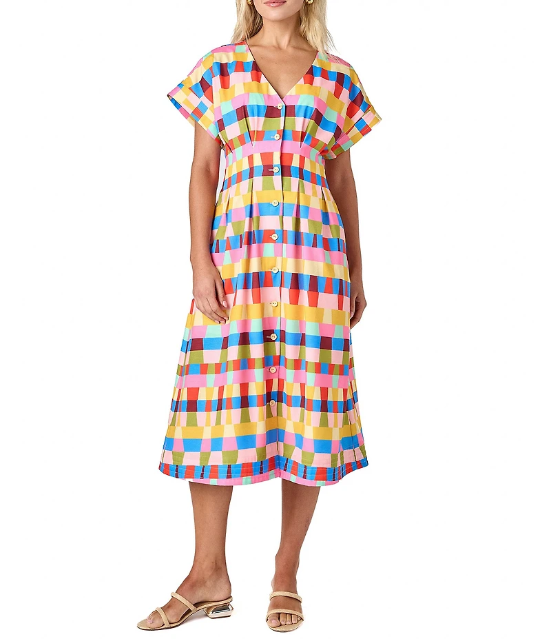 CROSBY by Mollie Burch Lennox V-Neck Button Front Short Sleeve Pleated Midi A-Line Dress