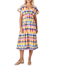 CROSBY by Mollie Burch Lennox V-Neck Button Front Short Sleeve Pleated Midi A-Line Dress