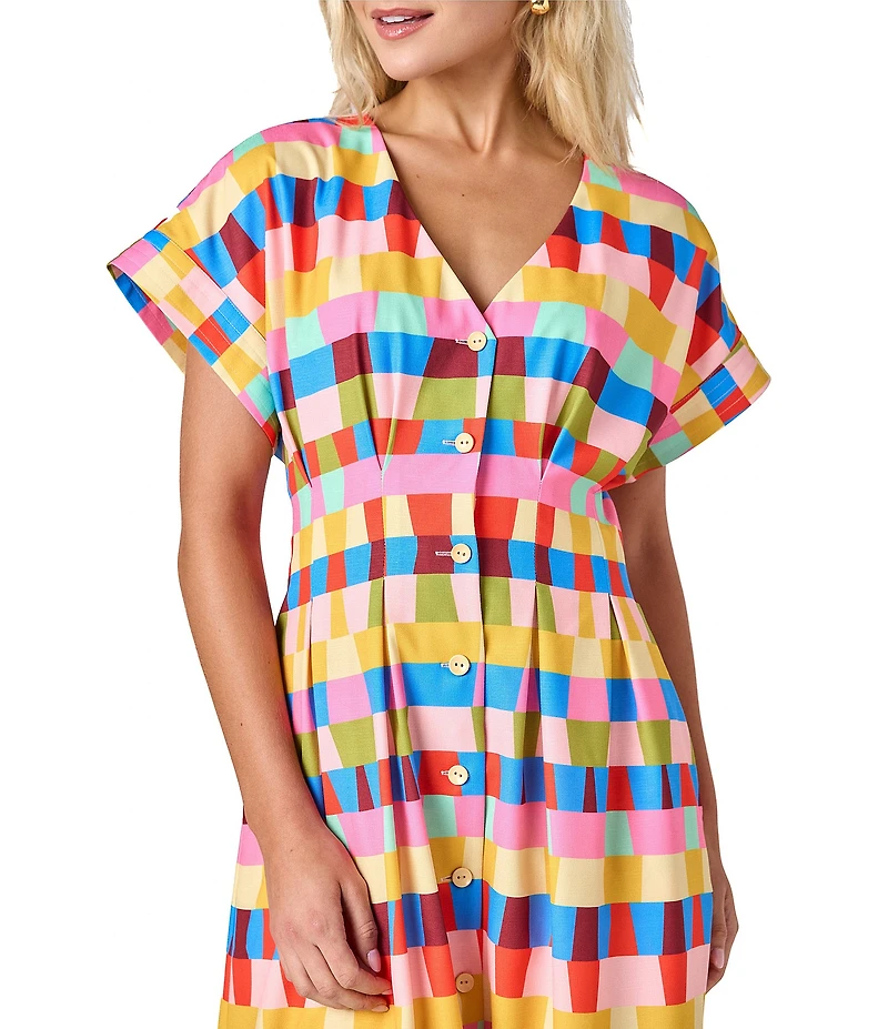 CROSBY by Mollie Burch Lennox V-Neck Button Front Short Sleeve Pleated Midi A-Line Dress