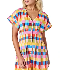 CROSBY by Mollie Burch Lennox V-Neck Button Front Short Sleeve Pleated Midi A-Line Dress
