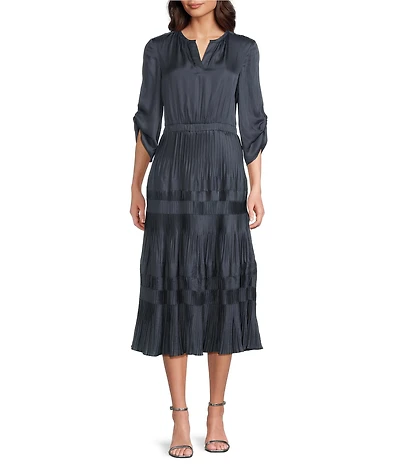 Current Air 3/4 Sleeve Novelty Tiered Pleated Blouson Maxi Dress