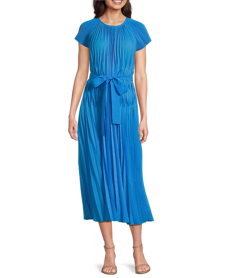 Current Air Allover Pleated Round Neck Short Sleeves Belted Midi Dress
