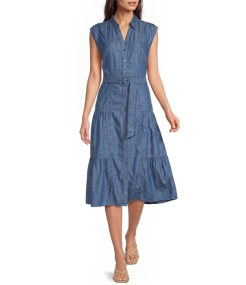 Current Air Chambray Tencel Collared V-Neck Cap Sleeve Belted Button Front Midi Shirt Dress