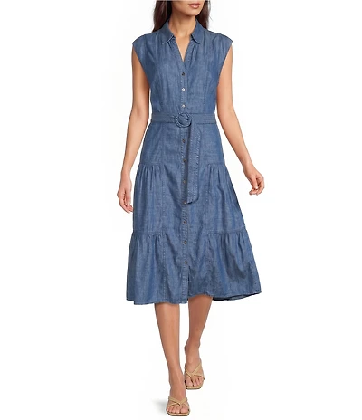 Current Air Chambray Tencel Collared V-Neck Cap Sleeve Belted Button Front Midi Shirt Dress