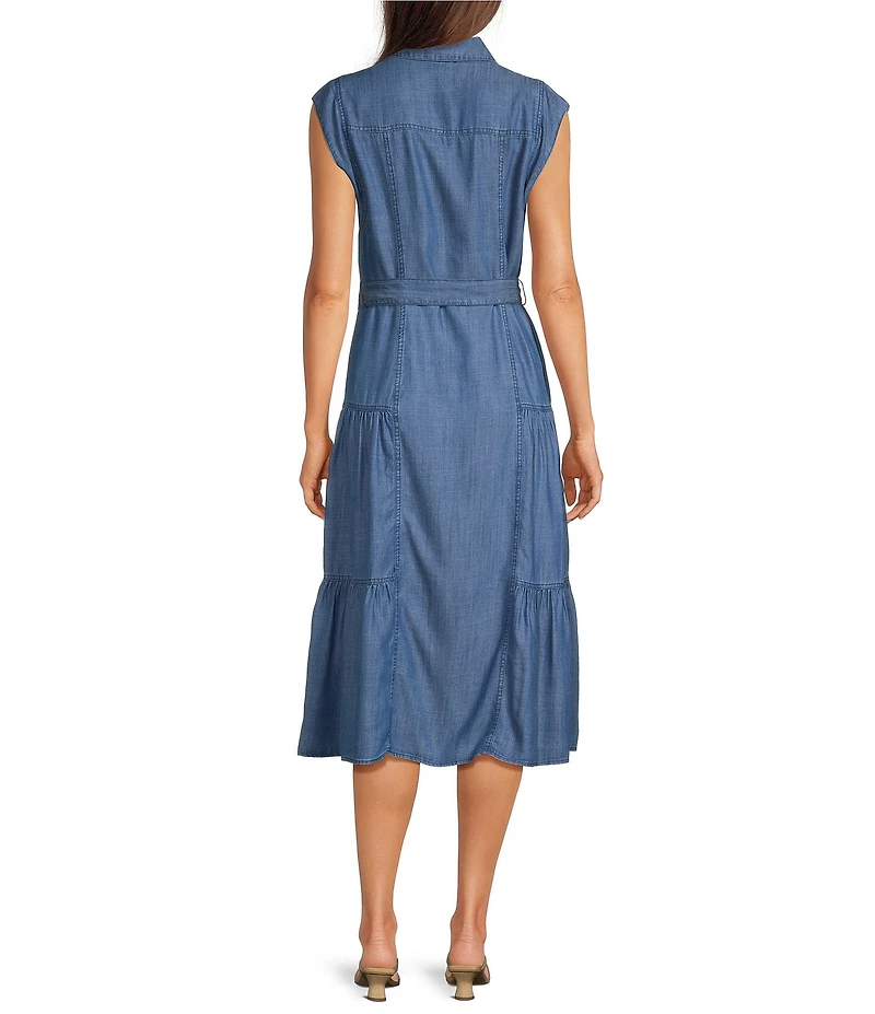 Current Air Chambray Tencel Collared V-Neck Cap Sleeve Belted Button Front Midi Shirt Dress