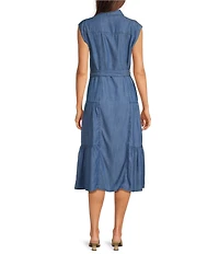 Current Air Chambray Tencel Collared V-Neck Cap Sleeve Belted Button Front Midi Shirt Dress