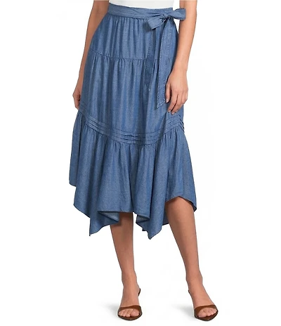 Current Air Chambray Tiered Asymmetric A-Line Midi Skirt