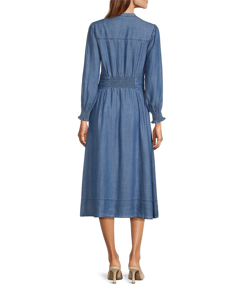 Current Air Chambray V-Neck Long Sleeve Button Tie Front Midi Dress