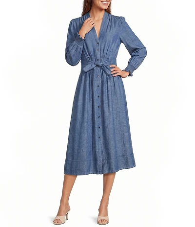 Current Air Chambray V-Neck Long Sleeve Button Tie Front Midi Dress
