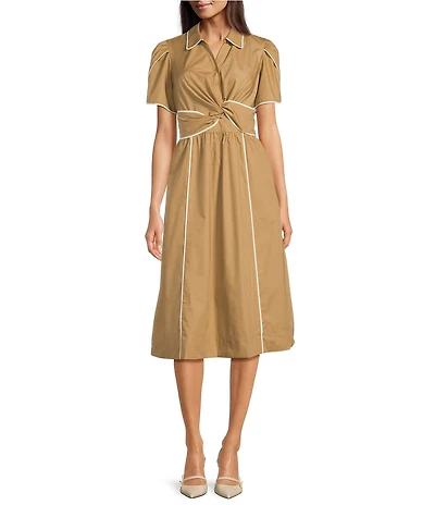 Current Air Contrast Trim Point Collar Tulip Sleeve Twist Front Midi Dress