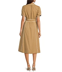 Current Air Contrast Trim Point Collar Tulip Sleeve Twist Front Midi Dress
