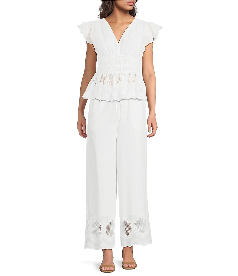 Current Air Coordinating Cotton Eyelet Lace Scalloped Hem Wide Leg Pants