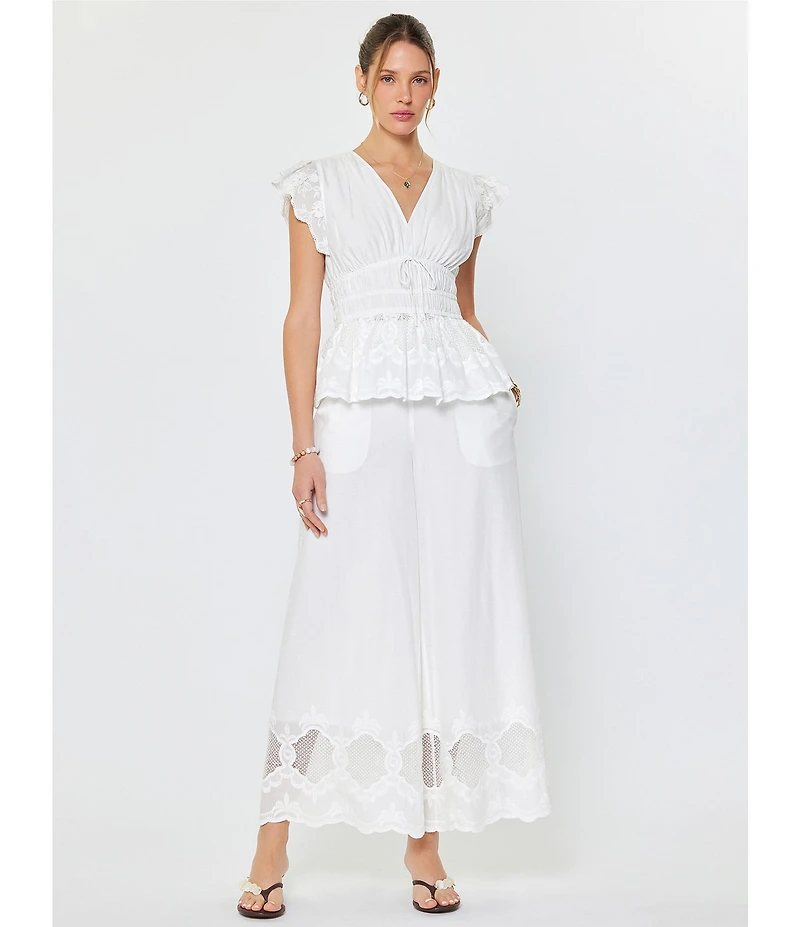 Current Air Coordinating Cotton Eyelet Lace Scalloped Hem Wide Leg Pants