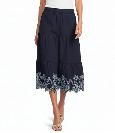 Current Air Coordinating Cotton Floral Embroidered Smocked Waist Scalloped Hem Tiered Midi Skirt