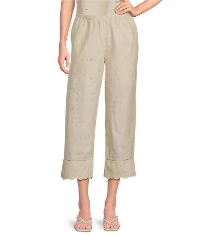 Current Air Coordinating Cotton Poplin Floral Embroidered Wide Leg Scalloped Hem Pant