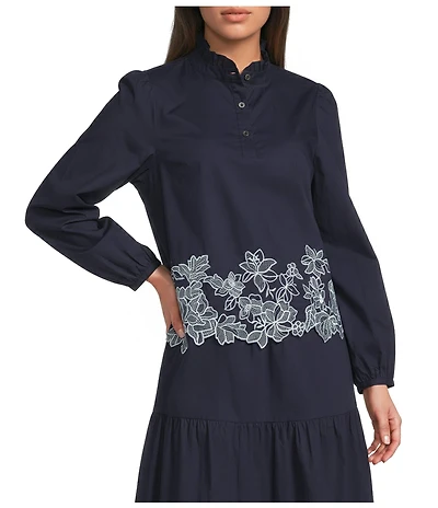 Current Air Coordinating Cotton Ruffle Stand Collar Long Sleeve Embroidered Scalloped Hem Blouse