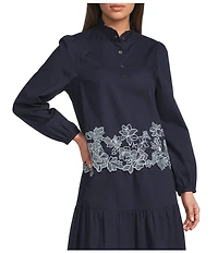 Current Air Coordinating Cotton Ruffle Stand Collar Long Sleeve Embroidered Scalloped Hem Blouse
