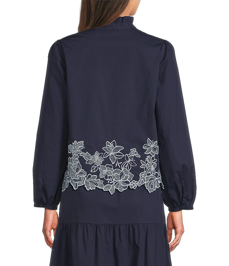 Current Air Coordinating Cotton Ruffle Stand Collar Long Sleeve Embroidered Scalloped Hem Blouse