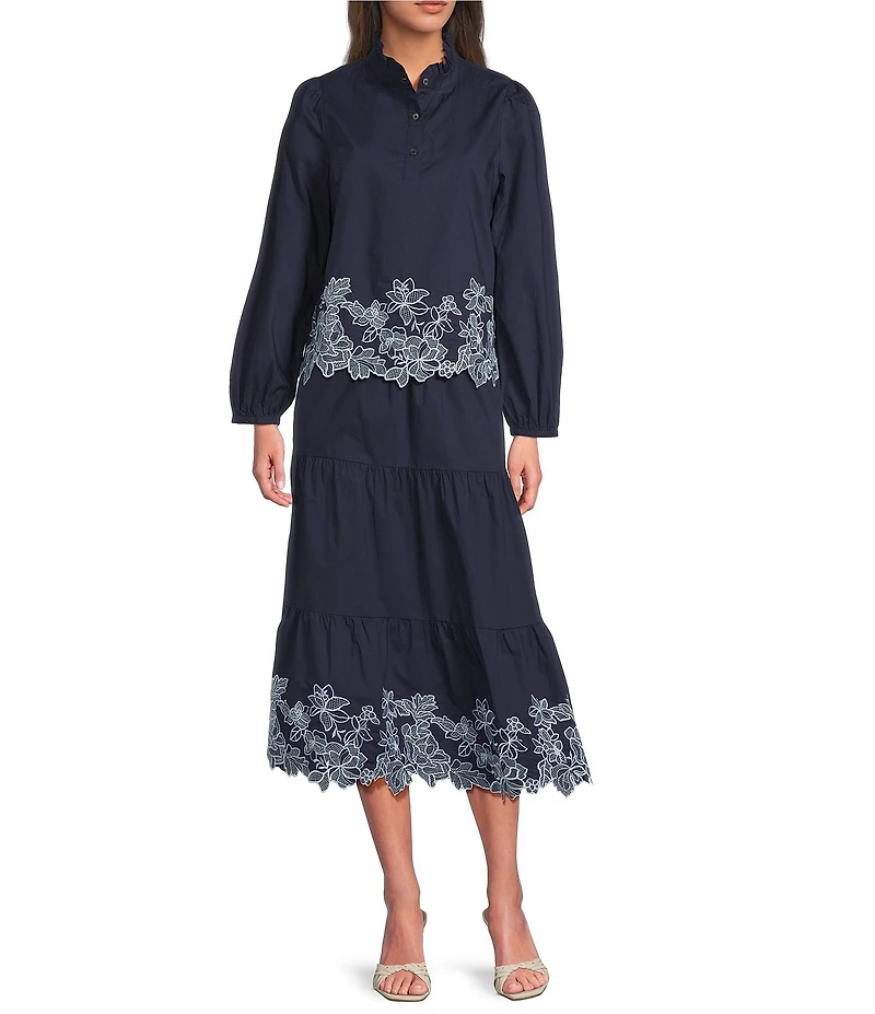 Current Air Coordinating Cotton Ruffle Stand Collar Long Sleeve Embroidered Scalloped Hem Blouse