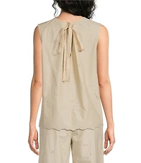 Current Air Coordinating Embroidered Cotton Poplin Crew Neck Sleeveless Scalloped Hem Top