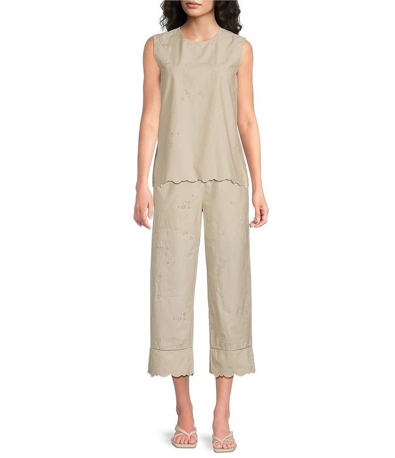 Current Air Coordinating Embroidered Cotton Poplin Crew Neck Sleeveless Scalloped Hem Top
