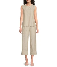 Current Air Coordinating Embroidered Cotton Poplin Crew Neck Sleeveless Scalloped Hem Top