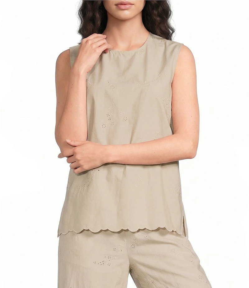 Current Air Coordinating Embroidered Cotton Poplin Crew Neck Sleeveless Scalloped Hem Top