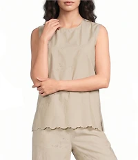 Current Air Coordinating Embroidered Cotton Poplin Crew Neck Sleeveless Scalloped Hem Top