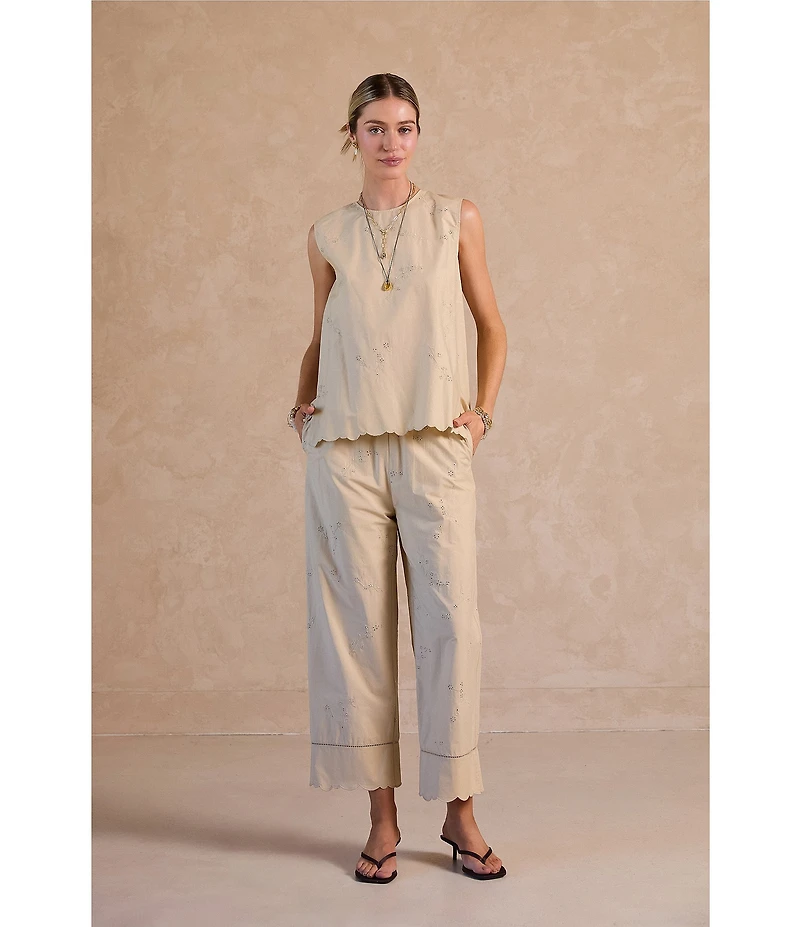Current Air Coordinating Embroidered Cotton Poplin Crew Neck Sleeveless Scalloped Hem Top