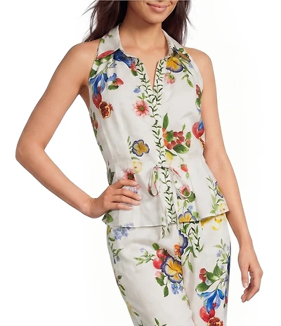 Current Air Coordinating Floral Collared V-Neck Sleeveless Tie Front Peplum Top