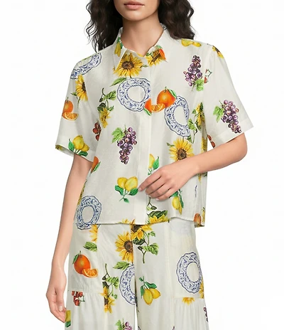 Current Air Coordinating Floral Fruit Print Point Collar Short Sleeve Button Front Shirt