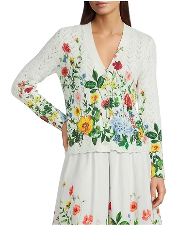 Current Air Coordinating Floral Pointelle V- Neck Long Sleeve Scalloped Hem Cardigan