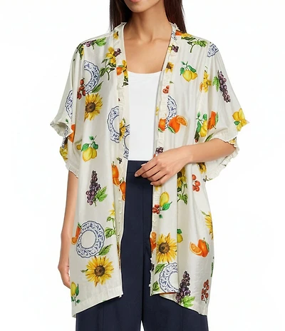 Current Air Coordinating Fruit Print Open Front Short Sleeve Ruffled Edge Kimono