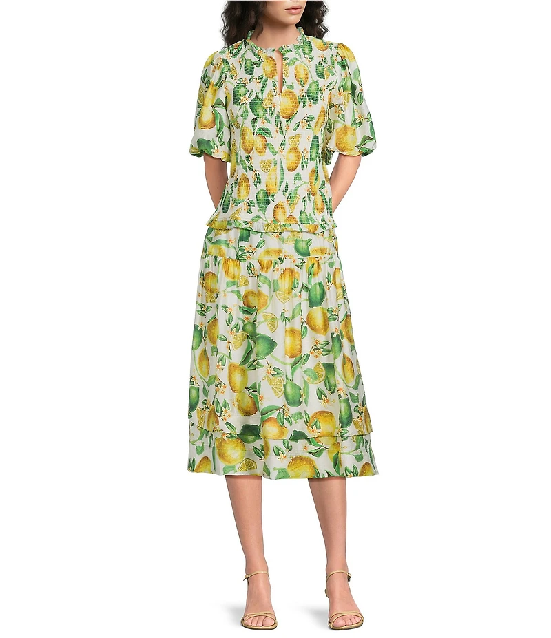 Current Air Coordinating Lemon Print Pull-On A-Line Midi Skirt