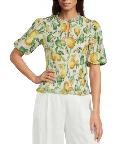 Current Air Coordinating Lemon Print Ruffle Neck Elbow Sleeve Smocked Top
