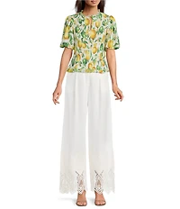 Current Air Coordinating Lemon Print Ruffle Neck Elbow Sleeve Smocked Top